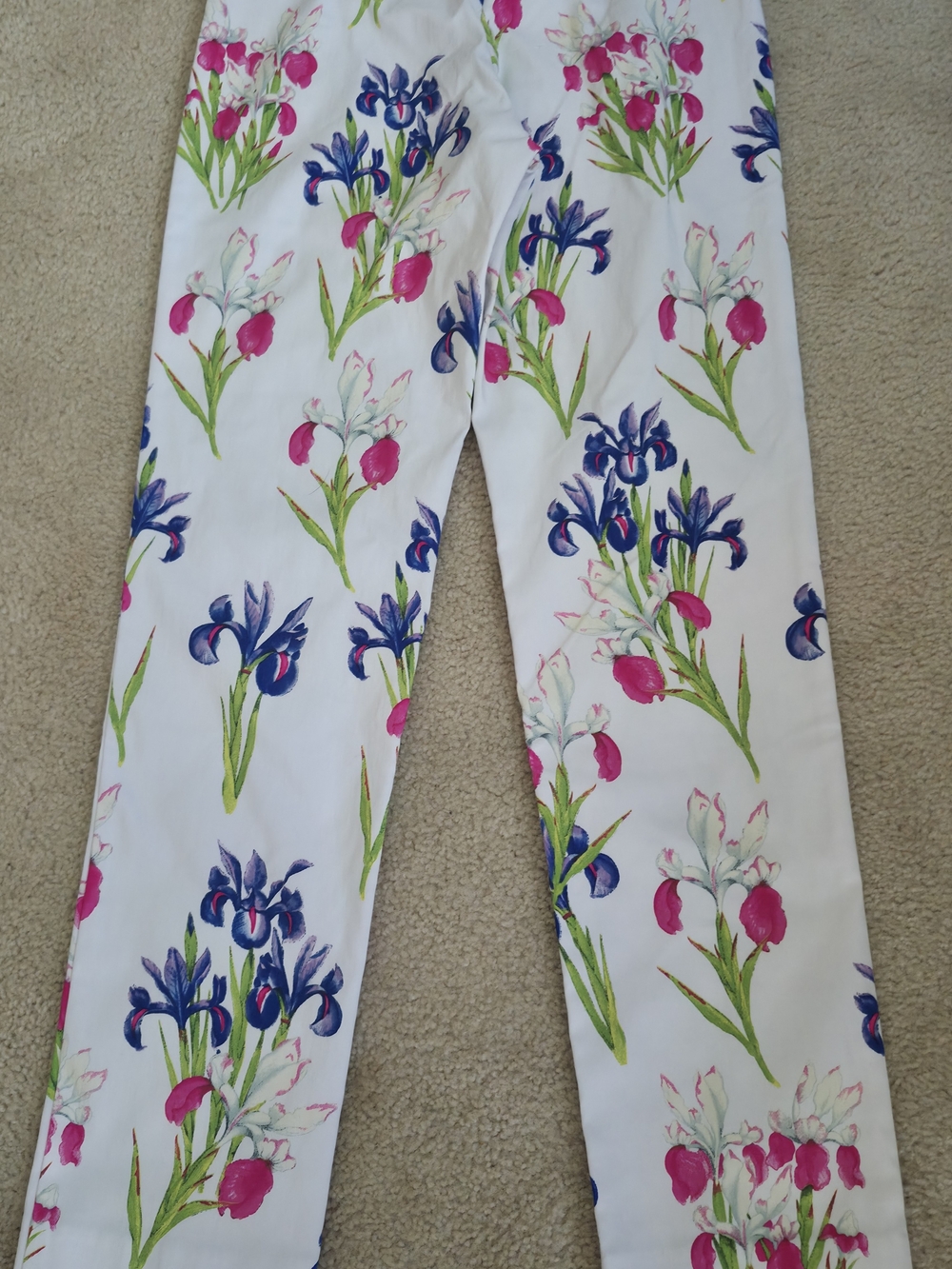 Floral Straight‑Leg Pants in White with Pink & Blue Blossoms